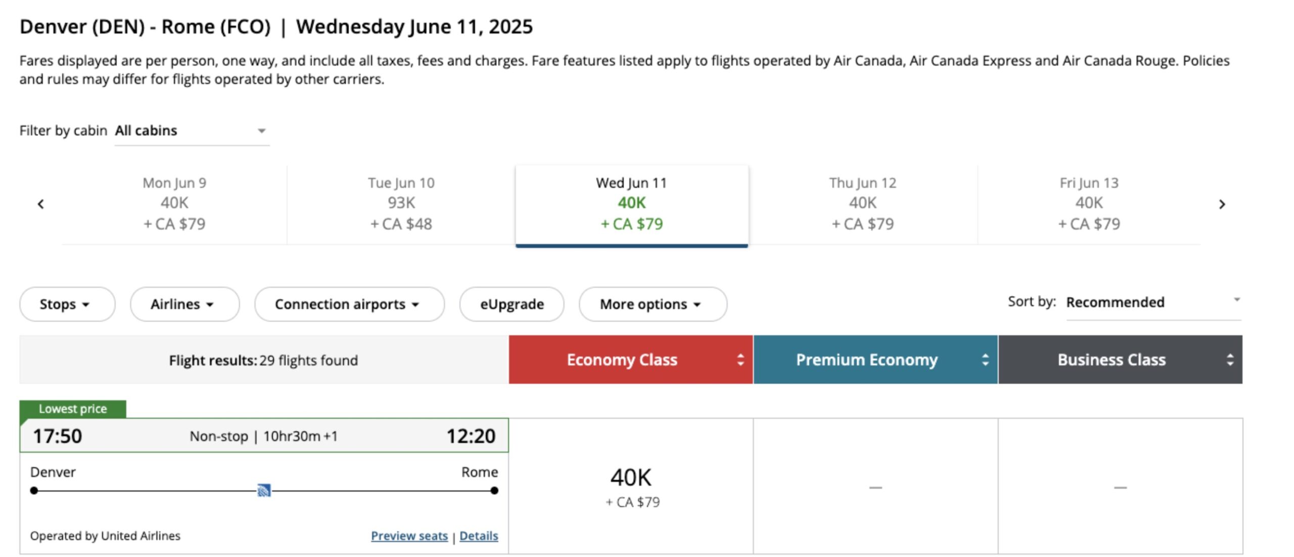 A flight from Denver to Rome on United for 40,000 Air Canada Aeroplan points and $79 Canadian dollars